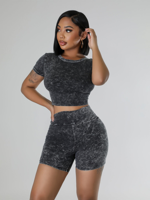 Black Casual O-Neck Distressed High-Waisted Two-Piece Set