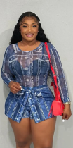 Blue Fashionable Imitation Denim Printed Mesh Jumpsuit + Skirt Set