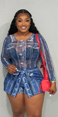 Blue Fashionable Imitation Denim Printed Mesh Jumpsuit + Skirt Set