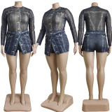 Grey Fashionable Imitation Denim Printed Mesh Jumpsuit + Skirt Set