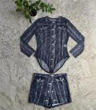 Grey Fashionable Imitation Denim Printed Mesh Jumpsuit + Skirt Set