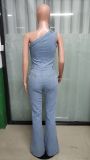 Light Blue Slant Shoulder Waist Slimming Stretch Washed Denim Jumpsuit