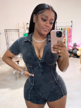 Ribbed Washed Deep V Lapel Jumpsuit
