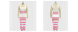 Pink Square Collar Striped Hollow Short Vest Slit Skirt Suit