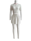 White Lapel Buttoned Pleated Skirt Golf Sports And Leisure Two-Piece Set