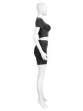 Black Casual O-Neck Distressed High-Waisted Two-Piece Set