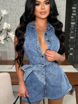 Blue Sleeveless Waist Slim Fit Stretch Denim Jumpsuit