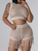 Sexy Knitted Handhook Hollow Tassel Two-piece Set