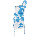 Blue Sexy Ruffled Tie-dye Print Dress