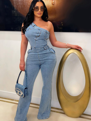 Light Blue Slant Shoulder Waist Slimming Stretch Washed Denim Jumpsuit