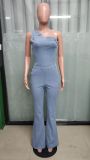 Light Blue Slant Shoulder Waist Slimming Stretch Washed Denim Jumpsuit