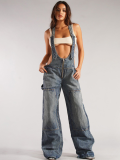 Fashionable Denim Suspenders Loose Waist Straight Pants