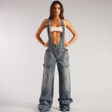 Fashionable Denim Suspenders Loose Waist Straight Pants