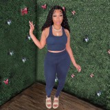 Navy Sexy Tank Top Yoga Wear Trousers Two Piece Set