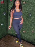 Navy Sexy Tank Top Yoga Wear Trousers Two Piece Set