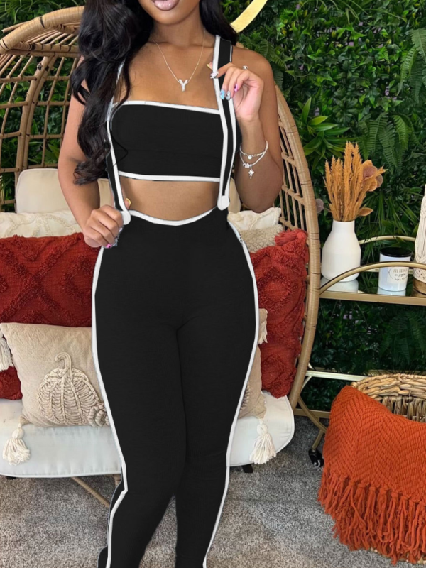 Black Fashionable Two-piece Suspender Trousers Set
