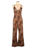 Leopard Print Suspender Backless Sleeveless Jumpsuit