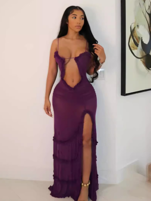 Purple Sexy Slim Suspender Mesh Dress