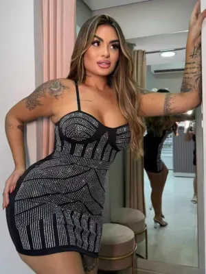 Black Sexy Diamond Suspender Elastic Bag Hip Dress
