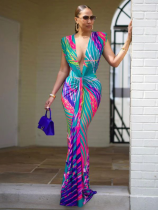 Fashionable Sleeveless Printed Sexy Deep V Slim Dress