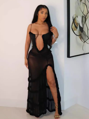 Black Sexy Slim Suspender Mesh Dress