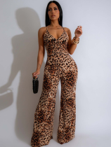 Leopard Print Suspender Backless Sleeveless Jumpsuit
