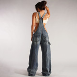 Fashionable Denim Suspenders Loose Waist Straight Pants