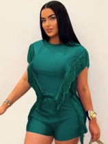 Green Summer Tassel Vest Shorts Two-Piece Set