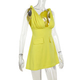 Yellow Sexy V-neck Fake Pocket Flap Dress