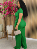 Green Loose Pleated Breathable V-Neck Two-Piece Set