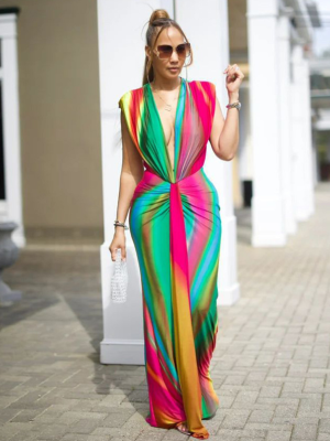 Fashionable Sleeveless Printed Sexy Deep V Slim Dress