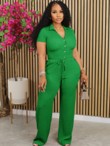 Green Loose Pleated Breathable V-Neck Two-Piece Set