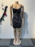 Black Sexy Diamond Suspender Elastic Bag Hip Dress