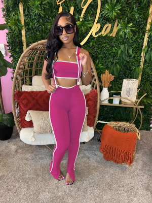 Rose Red Fashionable Two-piece Suspender Trousers Set