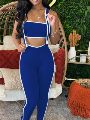 Blue Fashionable Two-piece Suspender Trousers Set