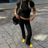 Black Fashionable Midriff-baring T-shirt and Slim-fit Trousers Suit