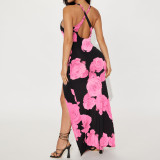Pink Sexy Printed Slit Suspender Long Dress