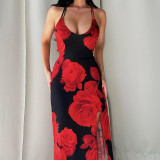 Red Sexy Printed Slit Suspender Long Dress