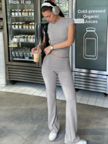 Grey Fashionable Midriff-baring T-shirt and Slim-fit Trousers Suit
