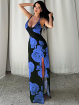 Blue Sexy Printed Slit Suspender Long Dress