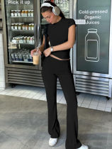 Black Fashionable Midriff-baring T-shirt and Slim-fit Trousers Suit
