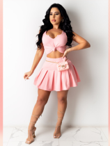 Pink Sexy Solid Color Pleated Skirt Two-piece Set