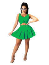 Green Sexy Solid Color Pleated Skirt Two-piece Set