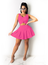 Rose Red Sexy Solid Color Pleated Skirt Two-piece Set