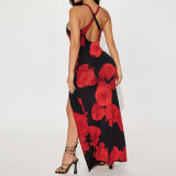 Red Sexy Printed Slit Suspender Long Dress