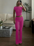 Rose Red Fashionable Midriff-baring T-shirt and Slim-fit Trousers Suit