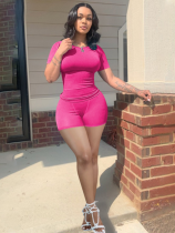 Rose Red Sexy Solid Color Threaded Two-piece Set