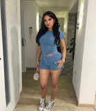 Blue Sexy Solid Color Threaded Two-piece Set