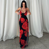 Red Sexy Printed Slit Suspender Long Dress