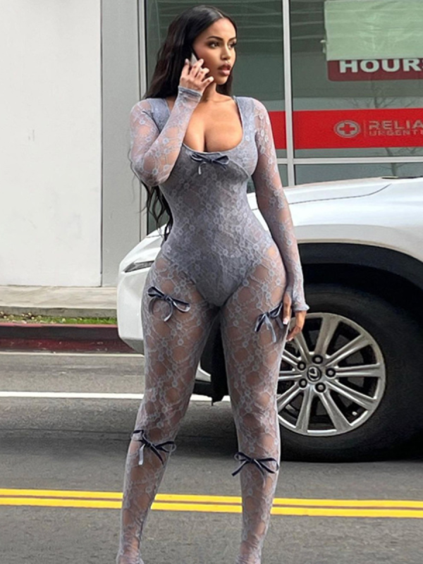 Light Blue Sexy See-through Hollow Jacquard Tight Lace Jumpsuit